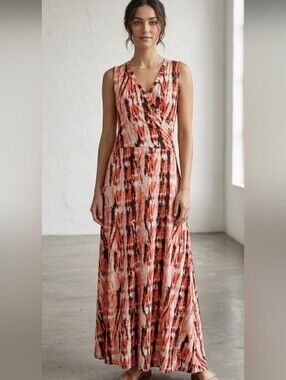 Sleeveless Red and Cream Tie-Dye Maxi Dress - Brand: